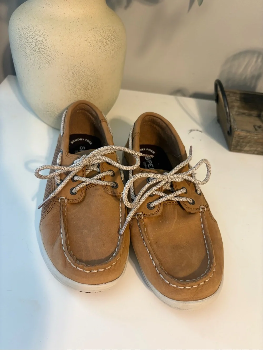 Kids Tan Sperry Boat Shoes with Contrast Laces